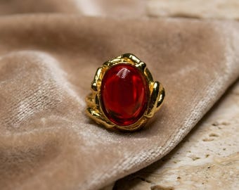 Chunky Gold Oval Ring | Deep Red Gemstone Statement | Antique Style Freeform Ring | Modern Vintage Jewelry | Unique Women's Gift
