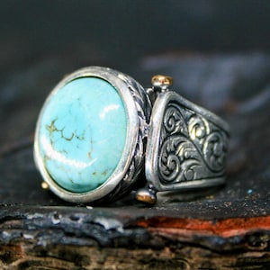 Handmade Turquoise Stone Men Ring - 925k Sterling Silver Ring - Round Turquoise Stone Ring - Handmade Gemstone Ring - Gift for Him
