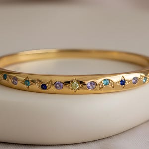 Gold Celestial Bangle, Moon and Star Bracelet, Colorful Gemstone Cuff