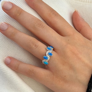 Five Blue Opal Stone Ring for Women,October Birthstone Jewelry,Silver Ring For Women,Opal Engagement Ring,Opal Bridal Ring,Statement Ring