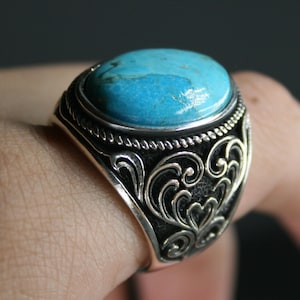 Handmade Turquoise Stone Men Ring - 925k Sterling Silver Ring - Oval Turquoise Stone Ring - Handmade Gemstone Ring - Gift for Him