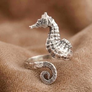 Pode incluir: Um anel de metal prateado com um design de cavalo-marinho. O corpo do cavalo-marinho forma a parte superior do anel, enquanto a cauda se curva para criar a banda. O metal tem um acabamento texturizado e oxidado com detalhes visíveis no design.