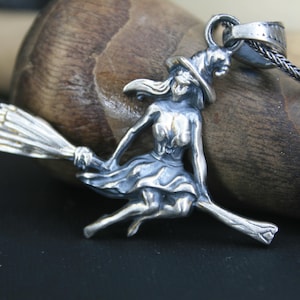 Handmade Flying Witch Silver Pendant - Mystical Witchcraft Jewelry