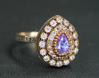 Amethyst Drop Ring: Sterling Silver, Zircon Accents, Vintage Style