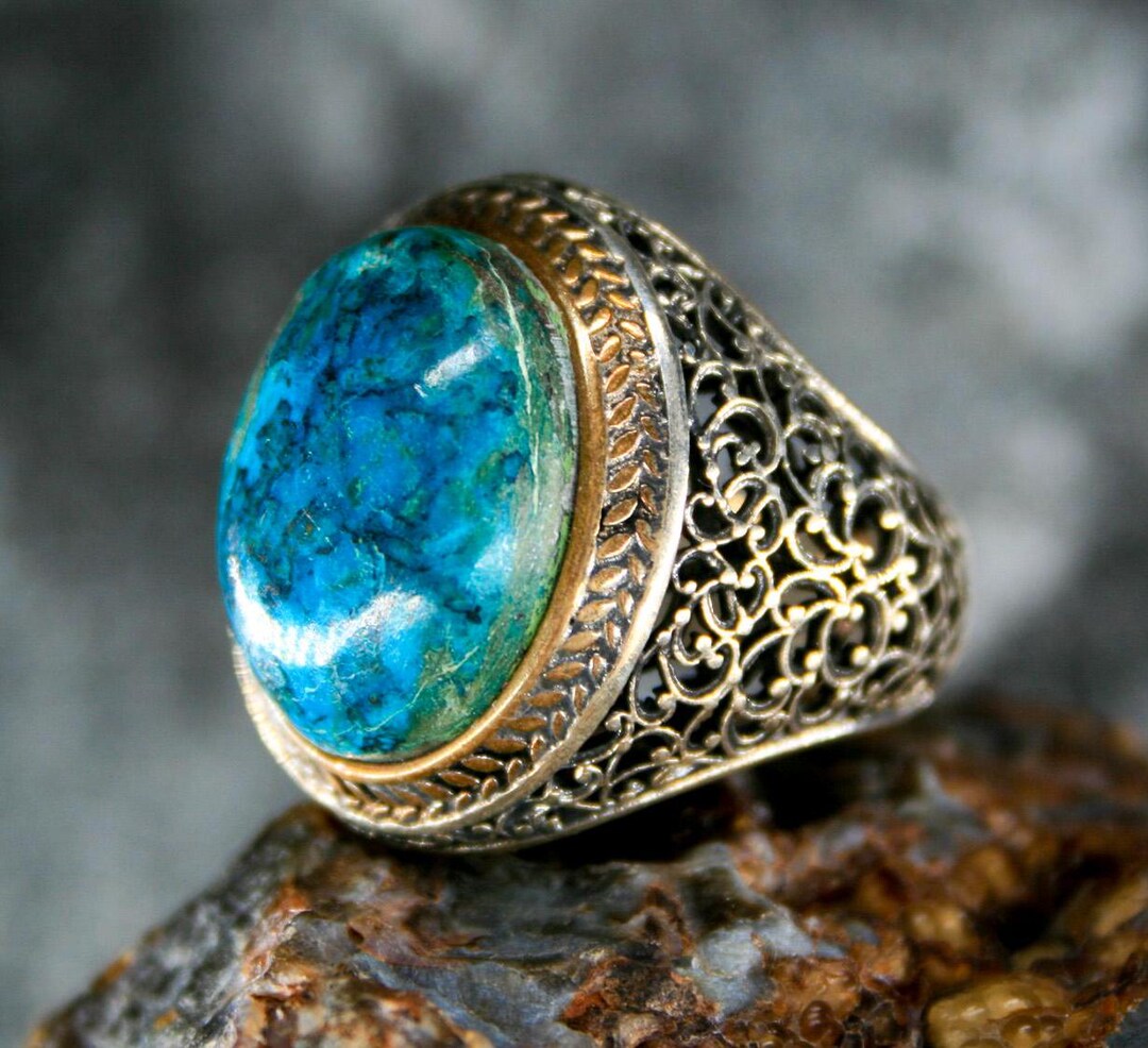 Azurite Stone Ring - 925k Sterling Silver Ring - Oval Azurite Stone ...
