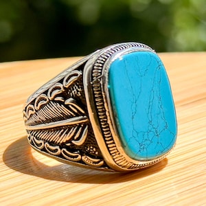 Handgemaakte herenring turkoois steen - 925k sterlingzilveren ring - vierkante turkoois stenen ring - 925 sterlingzilveren herenring - cadeau voor hem