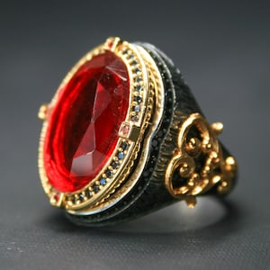 Baroque Sterling Silver Ring: Red Cubic Zirconia, Gothic Mens Jewelry