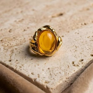 Gold Organic Statement Ring | Melted Gold Abstract Ring  | Chunky Cabochon Gemstone | Boho Chic Jewelry | Gift for Her