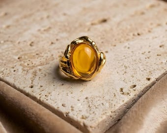 Gold Organic Statement Ring | Melted Gold Abstract Ring  | Chunky Cabochon Gemstone | Boho Chic Jewelry | Gift for Her