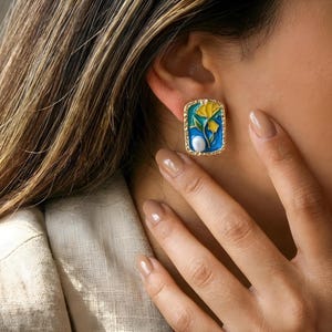 Gold Enamel Flower Studs, Blue Rectangular Pearl Earrings, Vintage Art Jewelry