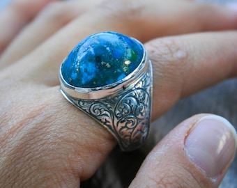Rustikaler Blau Grüner Edelstein für Ihn,925 Silber Ring,Handgefertigter Herrenring,Handgefertigter Silberring,Türkis Statement Schmuck für Männer