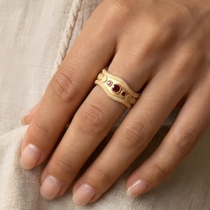 Chunky Gold Ring with Red Stones | Adjustable Organic Shape Band | Ruby Red Zircon Ring | Boho Statement Jewelry | Antique Style Gold Ring