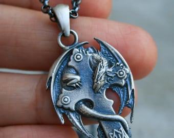 Dragon Pendant for Men, Sterling Silver Viking Necklace, Handmade Fantasy Jewelry Gift for Him