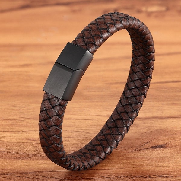 Bracelet Homme Cuir Marron - Fermoir Magnétique Acier Inoxydable - 21 Cm - Neuf étiquettes