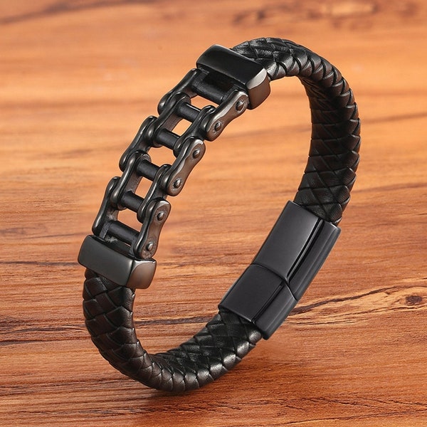 Pulsera de cuero negro y cadena de moto de acero inoxidable para hombre y mujer.