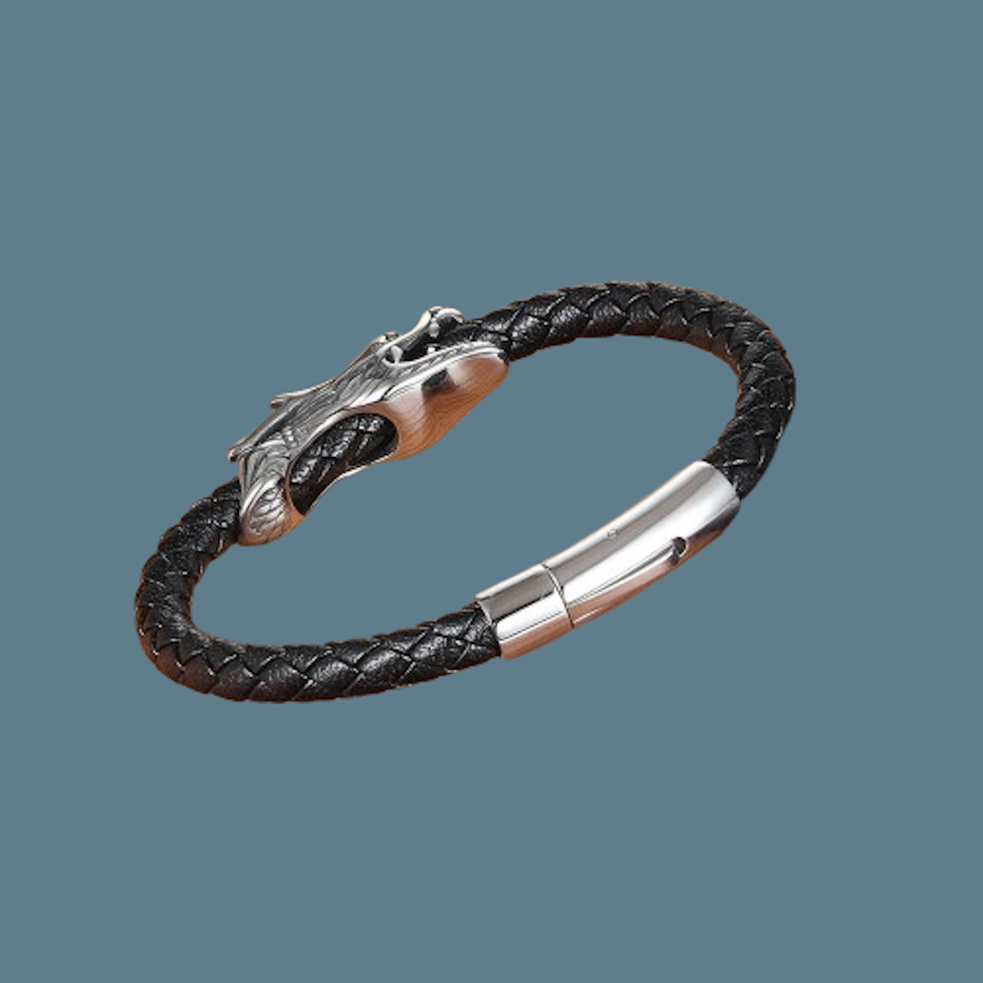 Dragon Clasp Stainless Steel Leather Bracelet, Brown / A / 18.5 cm