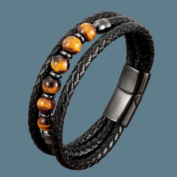 Bracelet cuir et perles œil de tigre pour homme et femme, acier inoxydable, cuir noir, fermoir magnétique, perles pierres