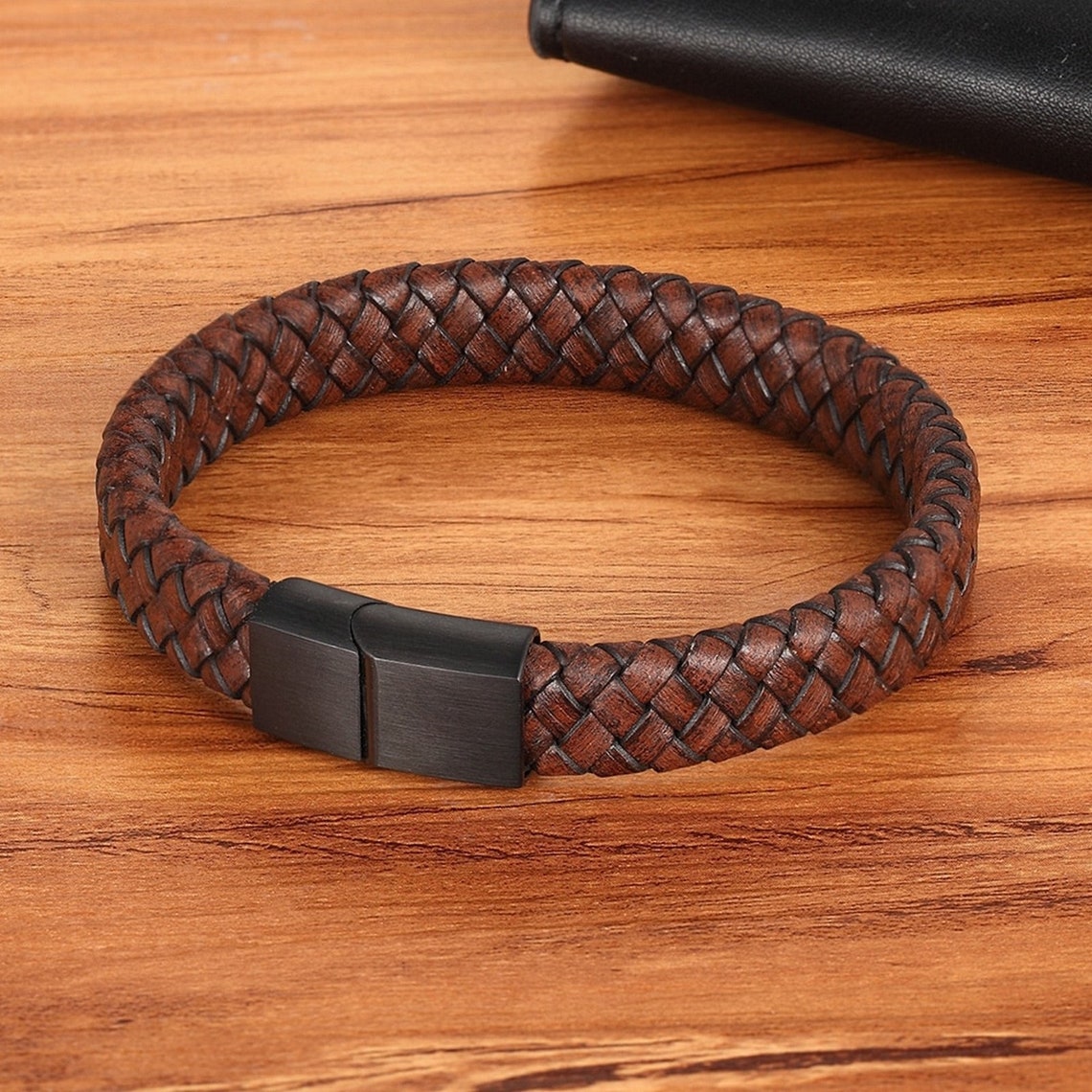 Men's Brown Leather Bracelet, Braided and Woven Leather, Stainless ...