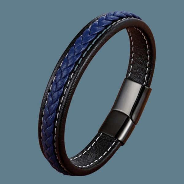 Bracelet homme cuir noir et bleu, cuir tressé, acier inoxydable, bracelet cuir véritable, fermoir magnétique noir, bracelet femme cuir noir