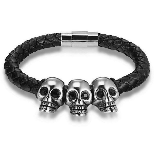 Bracelet homme cuir noir, cuir tressé, acier inoxydable, bracelet cuir véritable, fermoir aimant, bracelet tête de mort