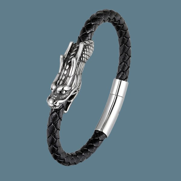 Bracelet homme cuir dragon , cuir tressé, acier inoxydable, bracelet cuir véritable, bracelet dragon, fermoir a clip