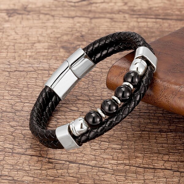 Bracelet perles noir naturelle, bracelet homme et femme, acier inoxydable, cuir noir, fermoir magnétique, perles pierres