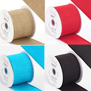 May include: Four spools of burlap ribbon in different colours: natural, red, turquoise, and black. Each spool is 63mm wide and 10m long. The ribbon is wired edge for crafting and creativity.