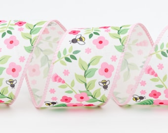 Wired Flower/ Bee Pink/Green 63mm Width Ribbon, Crafting, Bows, Gifts, Spring, Various Lengths Available