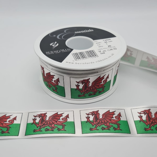 35mm Width Welsh Dragon Flag Satin Ribbon Beresfords Brand perfect for St David's Day, crafting Tasks, Available in 1m, 3, and 5m lengths