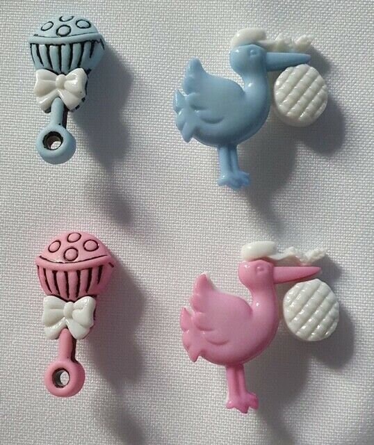 Cute Baby Buttons Rattle 30mm Stork 34mm Pink and Blue Button, Perfect ...