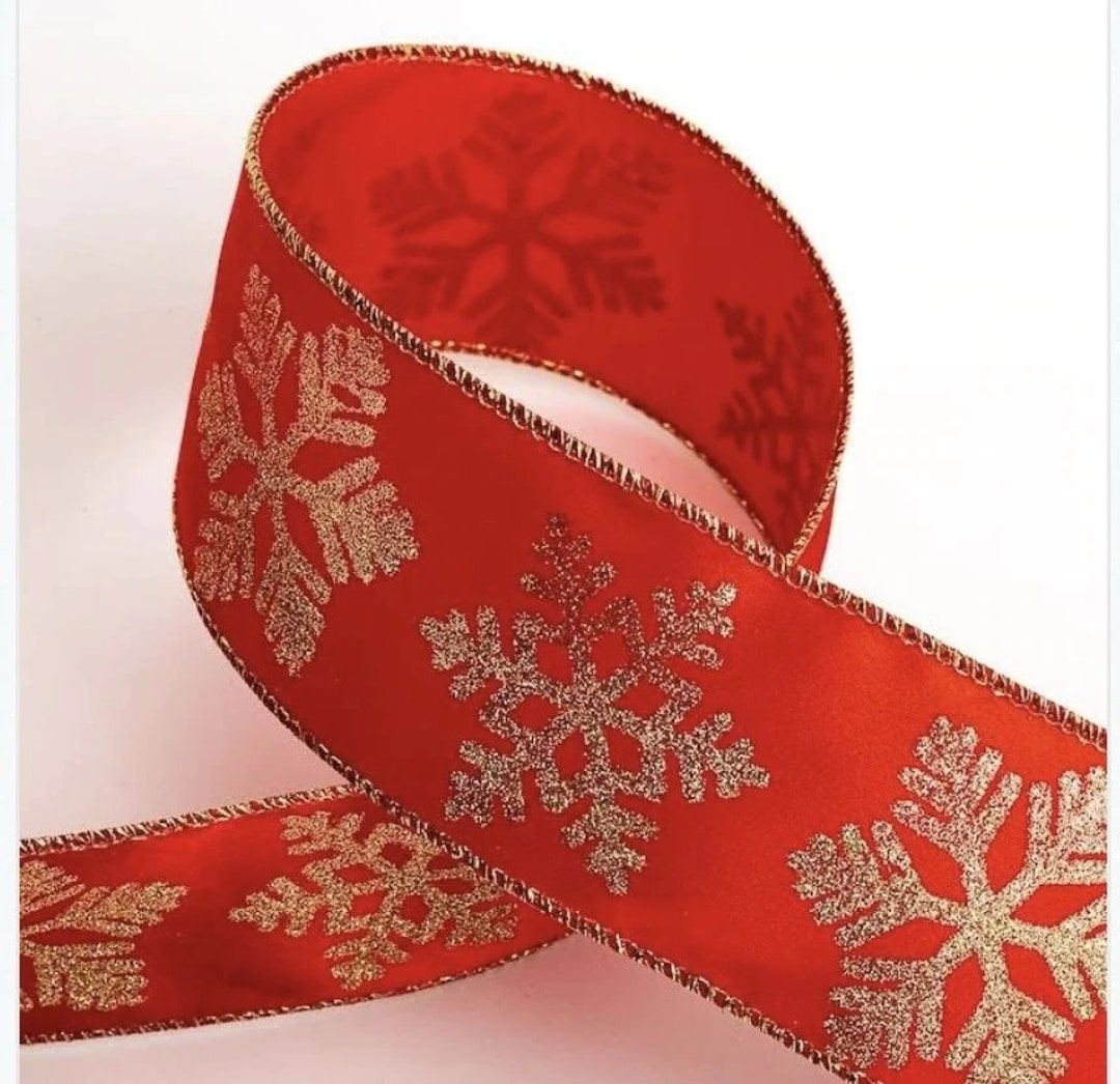 63mm Width Wired Red With Gold Glitter Snowflake Satin Ribbon, Crafting ...
