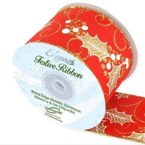 Verdrahtet Rot und Gold Stechpalme Band 63 mm Breite Verschiedene Längen erhältlich Kunsthandwerk, Weihnachten, Oaktree Marke