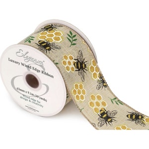 Wired Natural Honeycomb and Bee Ribbon 63mm width Various Lengths Available Crafts, Flowers, Spring Oaktree Brand