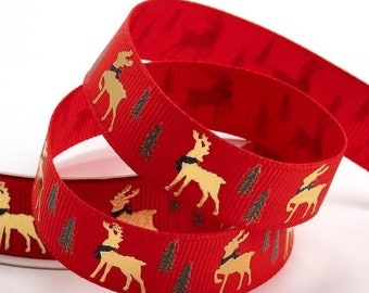 Rot & Gold Hirsch Weihnachten Grosgrain Band 16mm x 5m Basteln, Geschenke, Kranzherstellung, Geschenkverpackung, Weihnachten UK Verkäufer