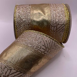 100 mm breed goud- en beige lint met beugels, verschillende lengtes: rollen van 1 m, 3 m, 5 m en 9,1 m knutselen, kerstmis, strikken en kransen maken