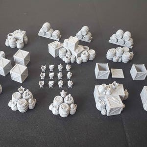 D&D Scatter Terrain GENERAL Set MEDIUM | Barrels, Crates, Sacks and Bottles | Hand Sculpted Tabletop Props for Dungeons and Dragons and RPGs