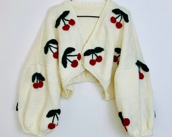 Hand Knitted Cherry Design Boxy Oversized Cropped Cardigan
