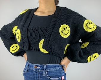 Hand Knitted Smiley Face Design Black Boxy Oversized Cropped Cardigan with Crop Top Two-Piece Co-ord Yellow Smile Face Emoji