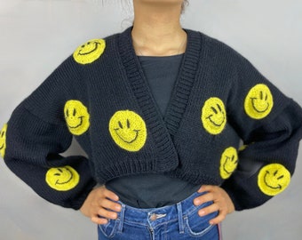 Hand Knitted Smiley Face Design Black Boxy Oversized Cropped Cardigan Yellow Smile Face Emoji
