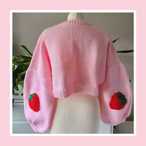 Hand Knitted Strawberry Design Pink Boxy Oversized Cropped Cardigan Vegan Wool image 3