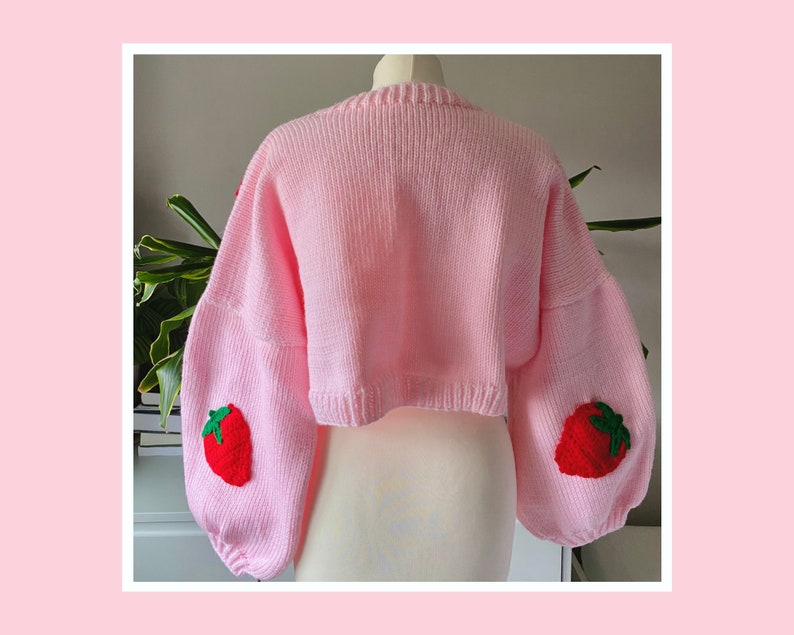 Hand Knitted Strawberry Design Pink Boxy Oversized Cropped Cardigan Vegan Wool image 3