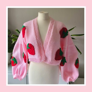Hand Knitted Strawberry Design Pink Boxy Oversized Cropped Cardigan Vegan Wool image 2