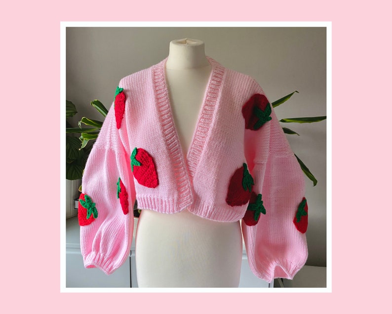 Hand Knitted Strawberry Design Pink Boxy Oversized Cropped Cardigan Vegan Wool image 2