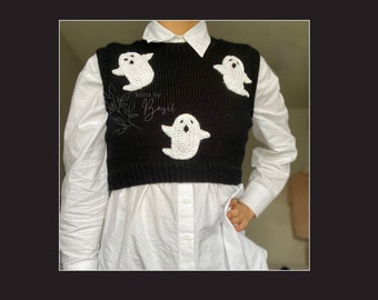 Hand Knitted Halloween Ghost Design Black Crop Vest Vegan Wool