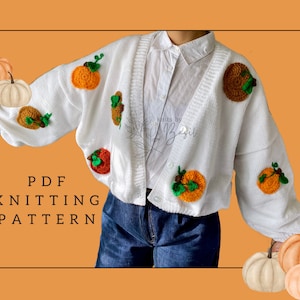 Easy Knitting Pattern Autumn Fall Pumpkin Design Boxy Oversized Cropped Cardigan PDF