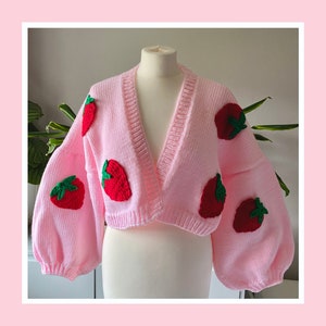 Hand Knitted Strawberry Design Pink Boxy Oversized Cropped Cardigan Vegan Wool image 1