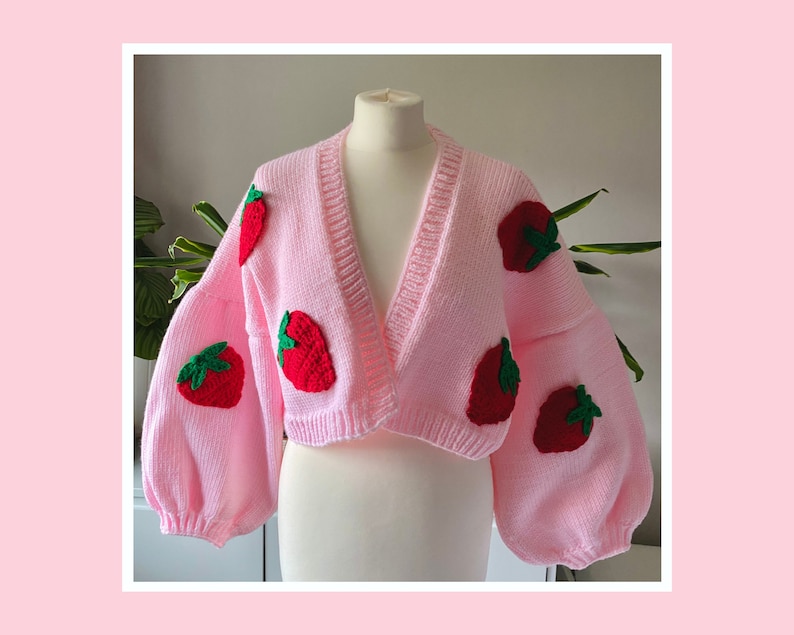 Hand Knitted Strawberry Design Pink Boxy Oversized Cropped Cardigan Vegan Wool image 1