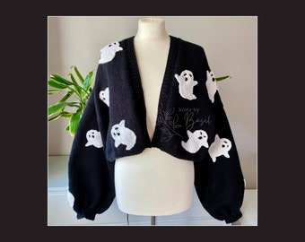 Hand Knitted Halloween Ghost Design Black Boxy Oversized Cropped Cardigan Vegan Wool