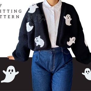Easy Knitting Pattern Halloween Ghost Design Boxy Oversized Cropped Cardigan PDF