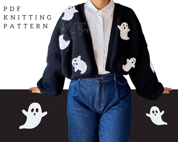 Easy Knitting Pattern Halloween Ghost Design Boxy Oversized Cropped Cardigan PDF